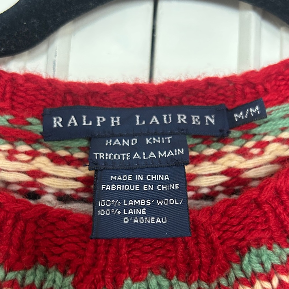 Ralph Lauren MED Red/Green hand knit Fair Isle 100% lambs wool Sweater - Picture 6 of 11